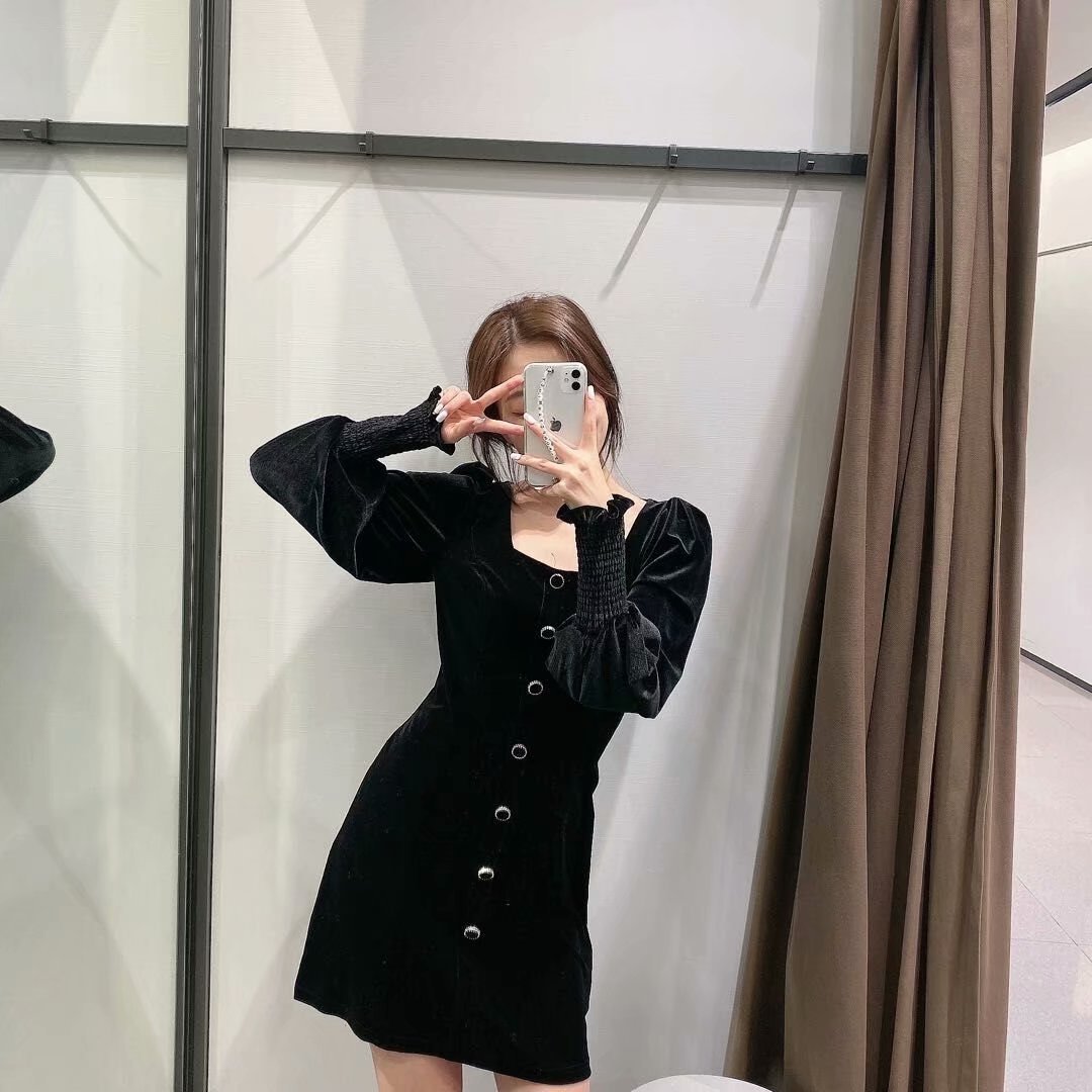 autumn and winter lantern sleeve thick square collar dress NSAM9318