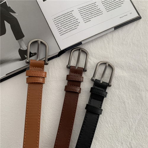 Belt female side buckle black Korean retro style belt student thin trouser belt simple and versatile bf style