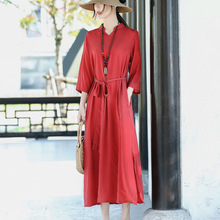 梅子青时 原创棉麻女装 文艺宽松铜氨丝飘逸超显瘦连衣裙 含腰带