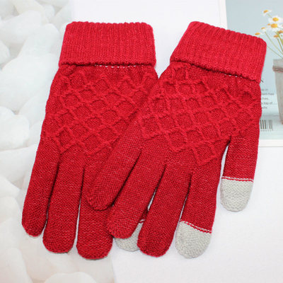 冬季新款女士防风触屏手套  电动车骑行保暖加绒针织防寒手套