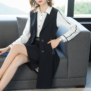 Spring and autumn long black slim waistband women’s fashionable and versatile sleeveless suit collar coat