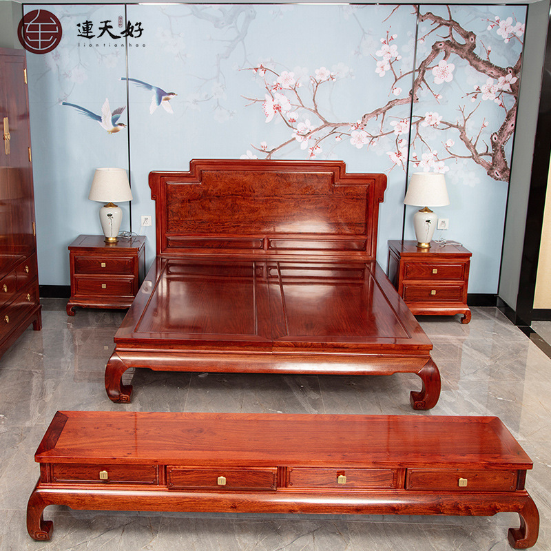 厂家缅甸花梨中式红木家具实木床 原木主卧双人床五斗床头柜