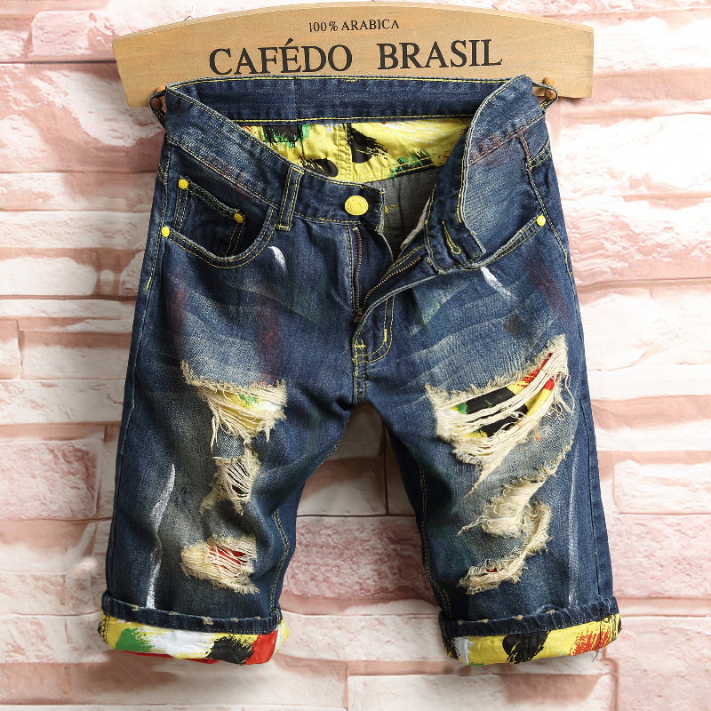 trendy men's clothing ,Summer torn denim shorts, five piece slim fitting straight leg pants_voghion.com