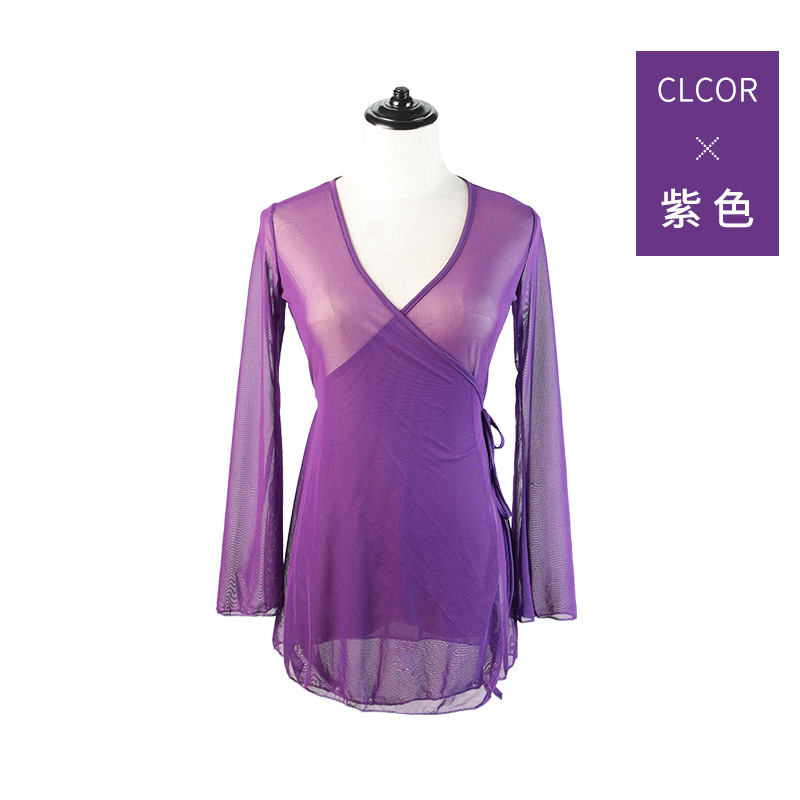 Ropa de baile para adultos de las mujeres ropa de gasa de danza clásica práctica étnica ropa de práctica de baile de malla de encanto de cuerpo superior larga