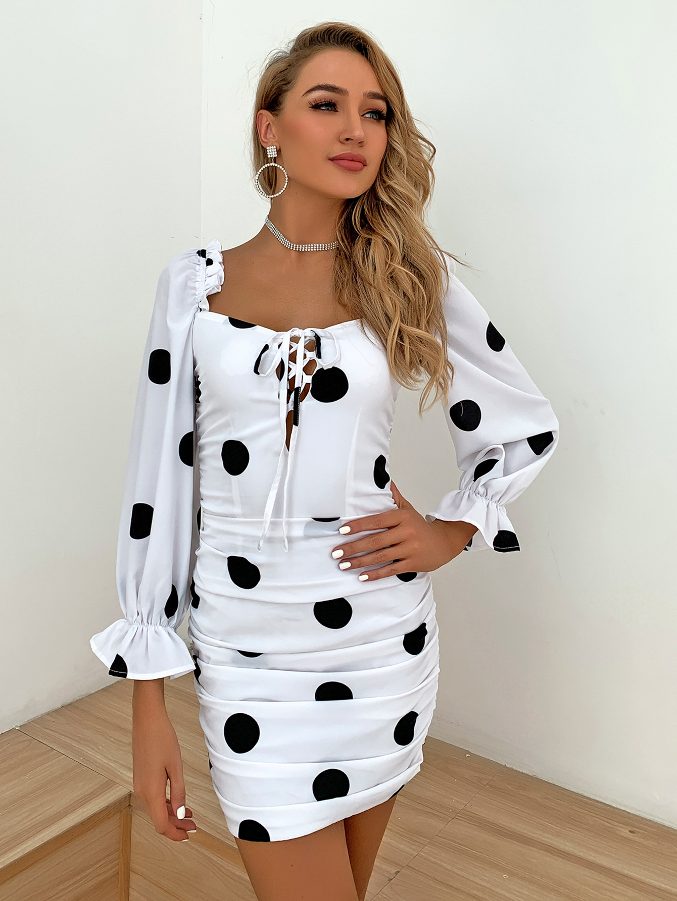 square collar wooden ear side trumpet sleeve polka dot dress  NSYI10477