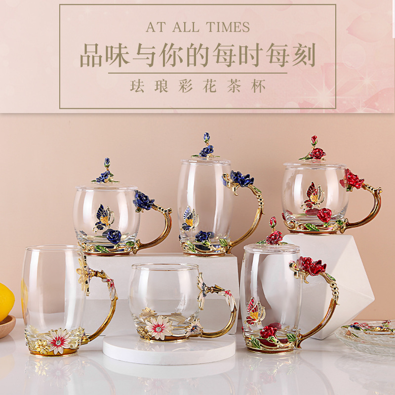 创意珐琅彩水杯水晶耐热玻璃杯花茶杯子防烫礼品杯定制厂家批发礼|ms