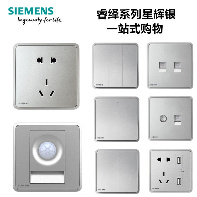 Сетевой выключатель Siemens Ruiyi серия Xinghui серебристая панель с пятью отверстиями и USB, установка в домашних условиях