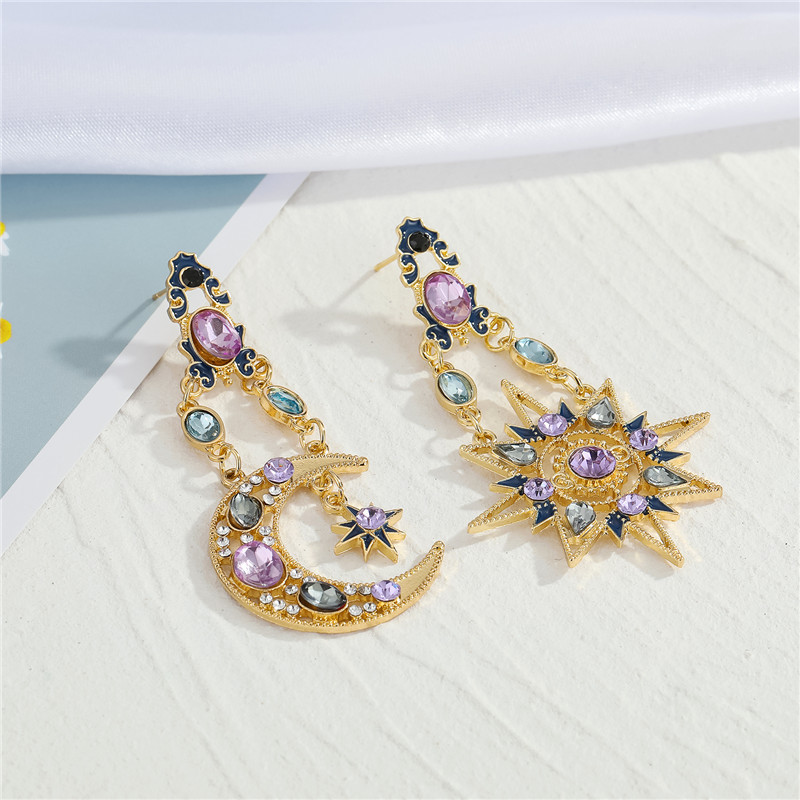 Retro Diamond Bohemian Color Zirconium Star Moon Sun Earrings display picture 4