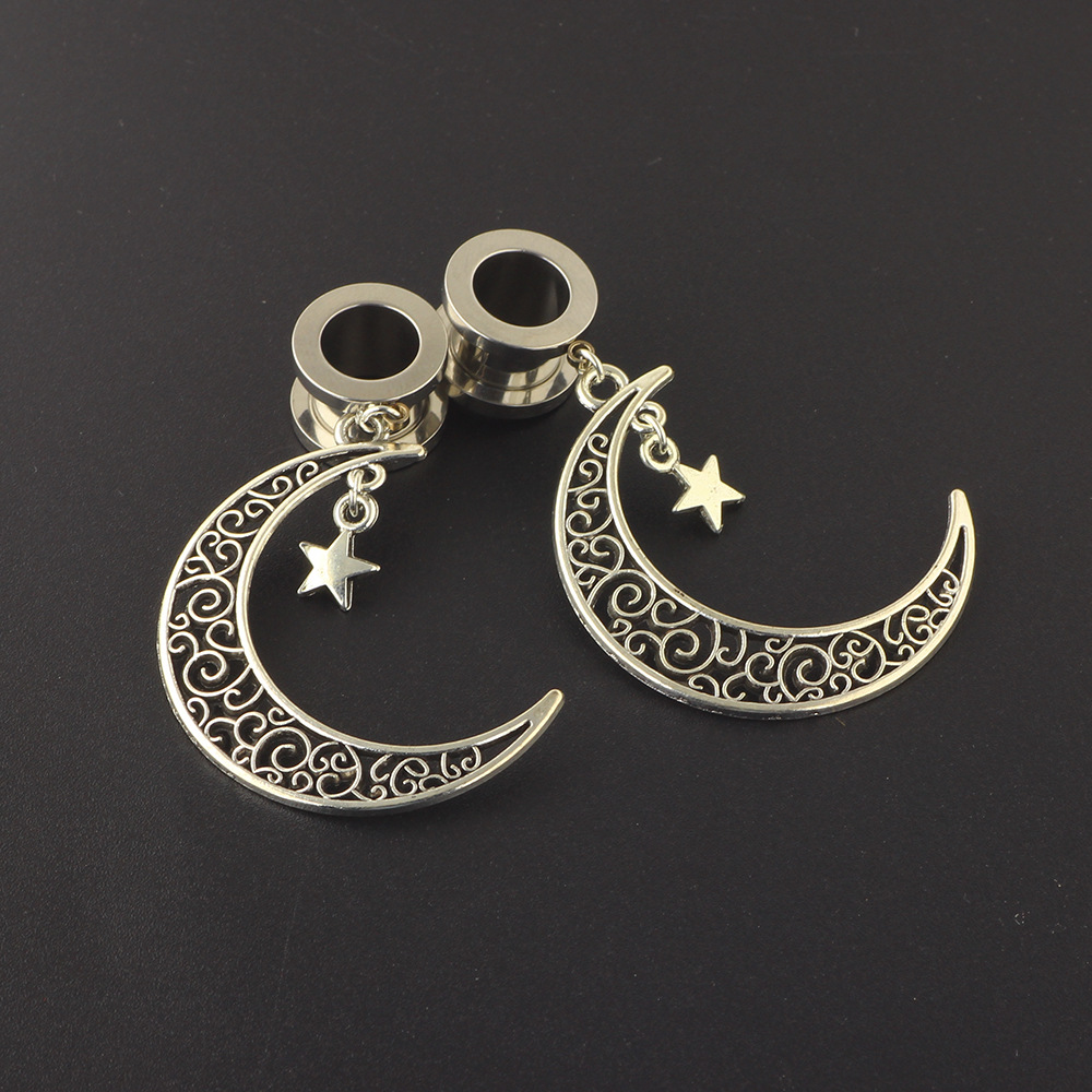 Personalized Stainless Steel Ear Earplug Star Moon Pendant Piercing Jewelry - Silver 25mm detail image 8