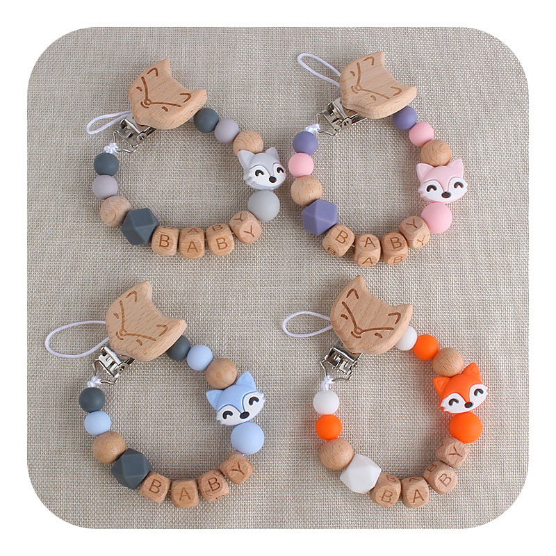 Bebé haya zorro chupete clip de juguete de dibujos animados bebé nombre silicona pequeño zorro mordedor chupete cadena