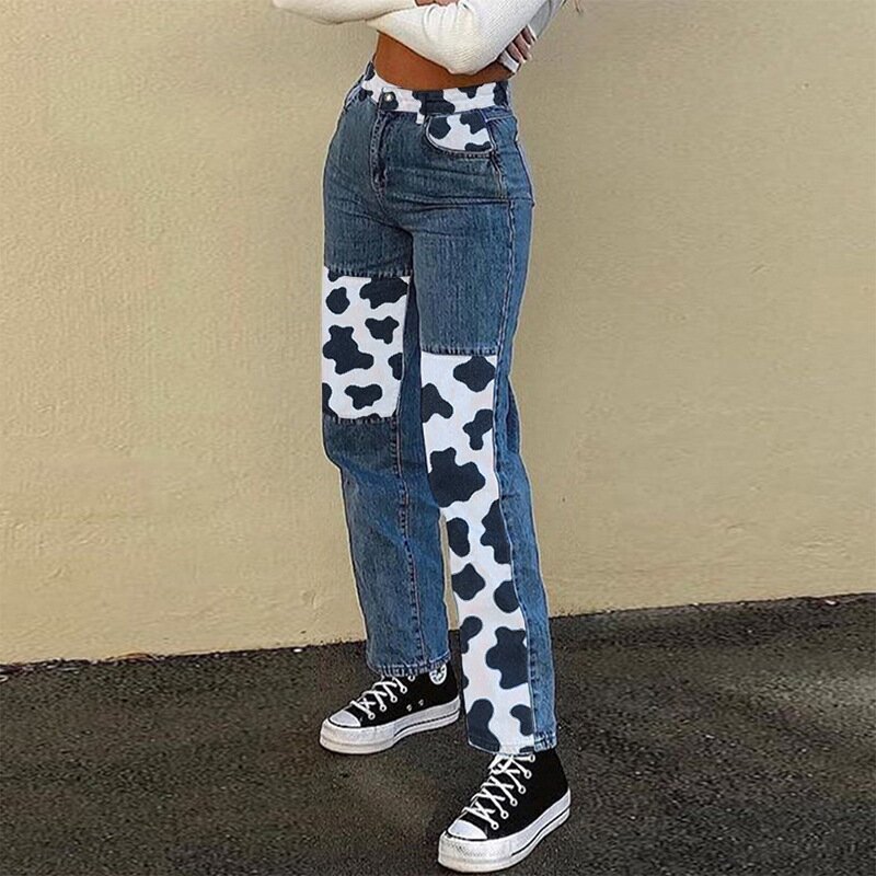 European and American Style Street Jeans 2020 Autumn Foreign Trade Women's New High Waist Straight Cow Printed Stitching Casual Pants