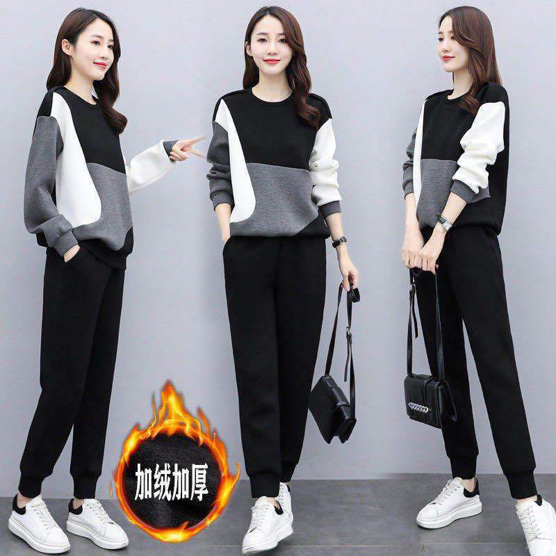 跨境歐洲站加絨加厚大碼時尚套裝女秋冬季新款顯瘦休閑運動兩件套