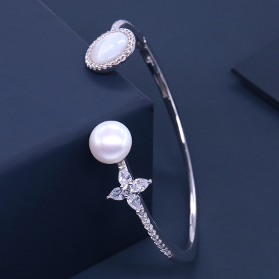 歐美風A家母貝淡水珍珠開口手镯女925銀微鑲貝殼手環銀情人節禮物