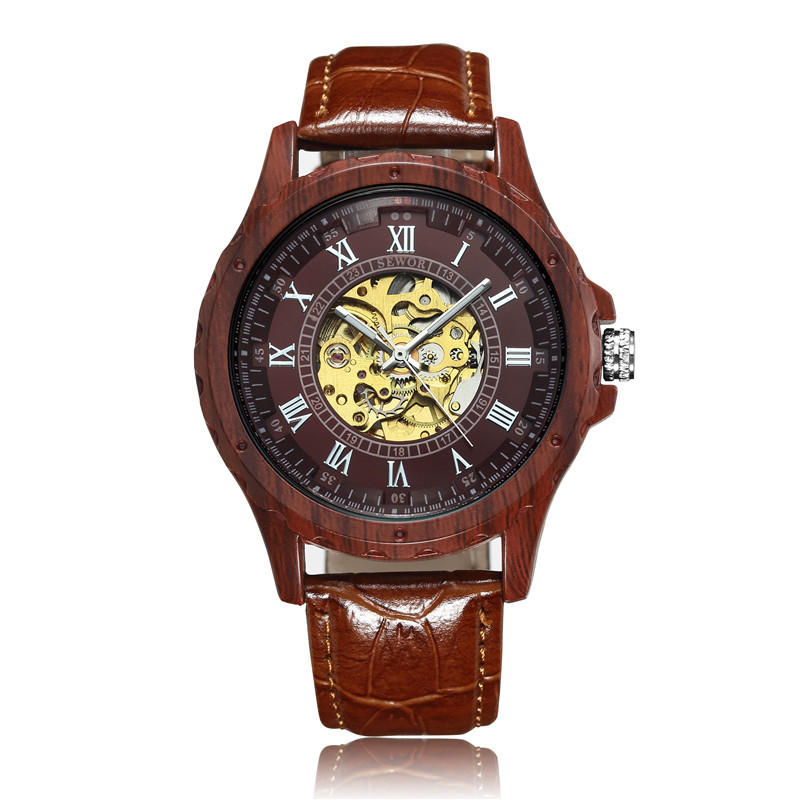 SEWOR hombres de negocios reloj mecánico automático de madera correa de cuero hueco transparente inferior mecánico reloj de madera maciza 001