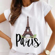 ZN090跨境新品 巴黎鐵塔印花圖案女式短袖 休閑女裝圓領個性T恤衫