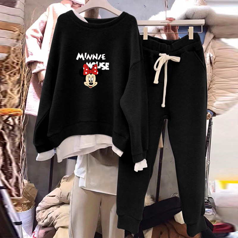 suit Women's 2021 Spring Korean Style Loose Sports Casual Fake Two-Piece Sweatshirt Harlan Pants Sweet Style Two-Piece Set