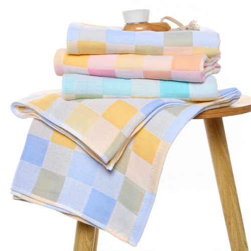 70*140 pure cotton double-layer gauze checkered bath towel soft and absorbent baby bath towel infant blanket soft and breathable