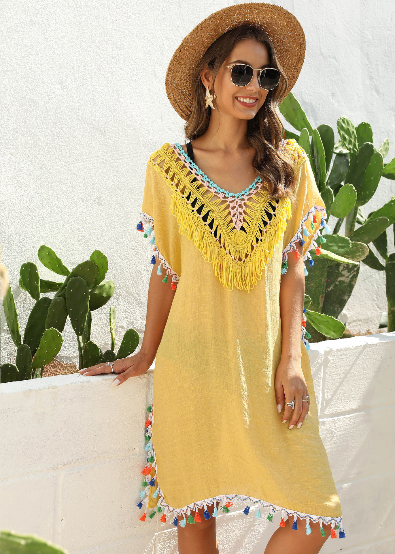 Short Sleeve Sleeve Length Pullovers Placket Type Cotton, Polyester Fabric Type Women's Vacation Color Block Cover Ups
