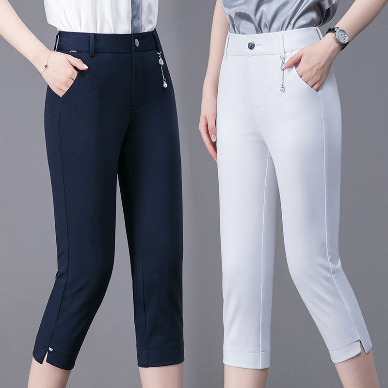 2022 Summer New Arrival Capri Pants Women's Large Size High Waist Casual Pants Straight Slim-Fit Loose Waist Summer Thin Mid-Length Pants