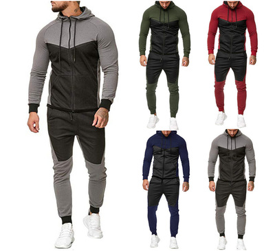 2020亚马逊热卖男士拉链拼接长袖连帽上衣卫衣裤子套装|ms