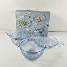 新款加厚海洋餐具五件套藍色玻璃碗盤套裝小魚沙拉碗要做批發禮品