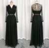 Long elegant black lace shiffon evening dress, suitable for import, V-neckline, long sleeve