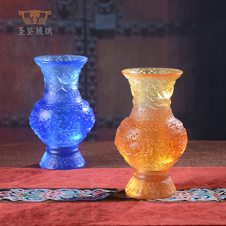 古法琉璃莲花花瓶工艺品摆件寺庙佛堂插花佛具 居家装饰摆件|ms