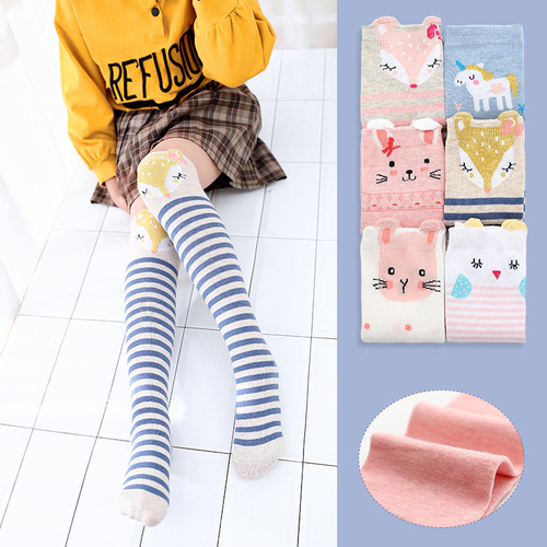2020 spring and autumn new style European and American style cotton gold silk cartoon children's mid-calf socks straight no heel long over-the-knee socks