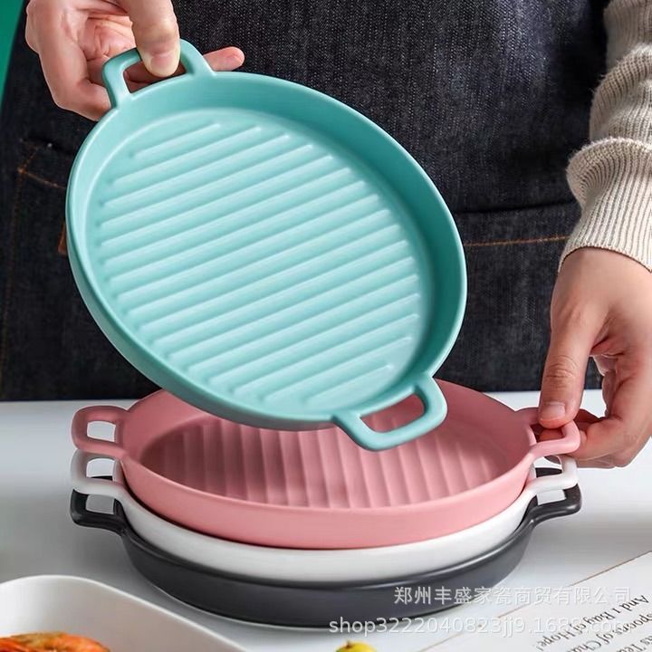 Ceramic Round Binaural Baking Pan ins Ho...