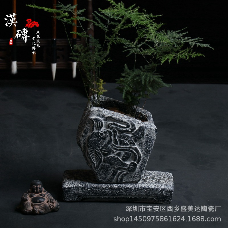 Chinese style To fake something antique Totems Irregular Flower pot calamus Green plant Han brick Buddhist mood Retro Hydroponics Flower pot