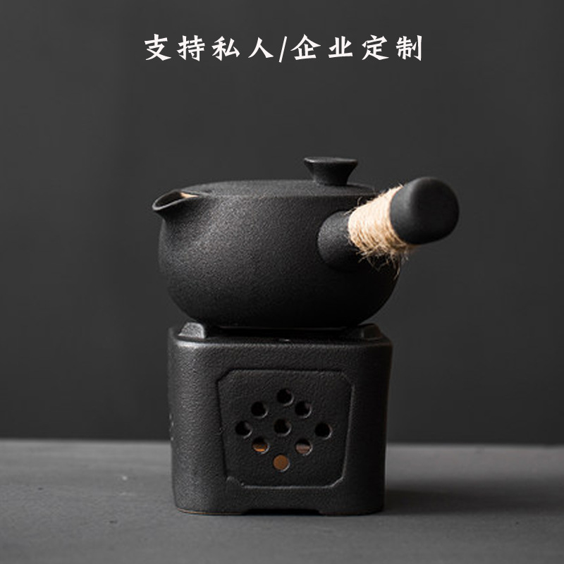 日式粗陶侧把壶大号手工煮茶壶 功夫茶具泡茶加热底座黑陶温茶器