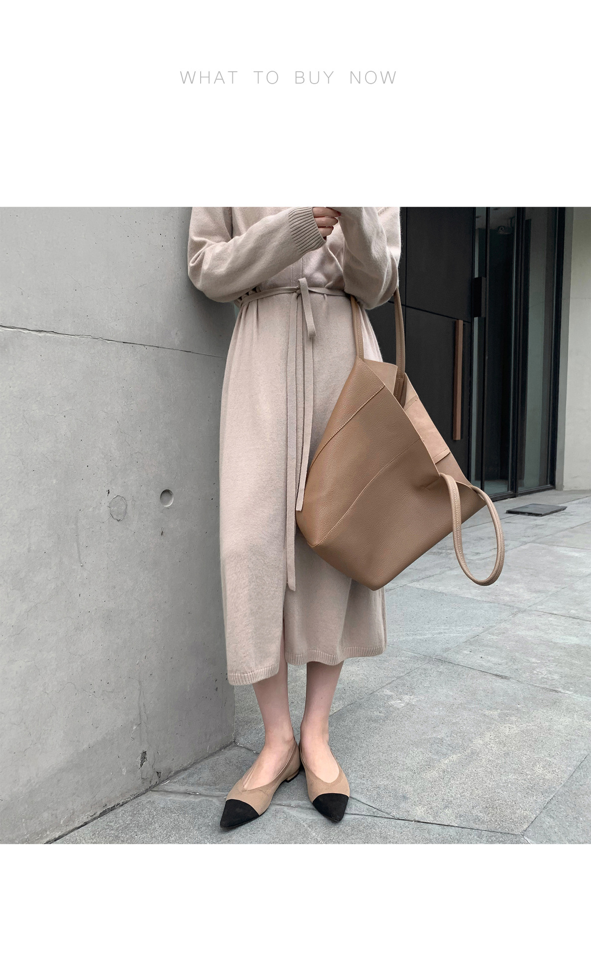 Dress Autumn Winter Simple Temperamental Slimming Solid Color Mid Length over the Knee Drawstring Waist Knitted Dress Women
