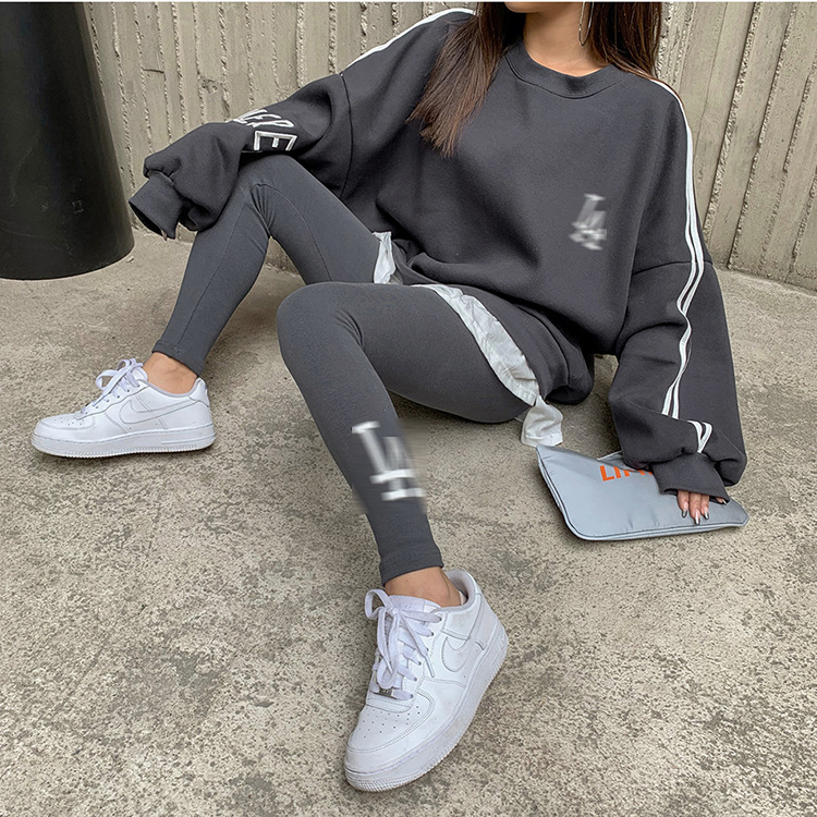 2020 spring new female squatting white letter embroidery loose long-sleeved sweater high elastic nine pants set