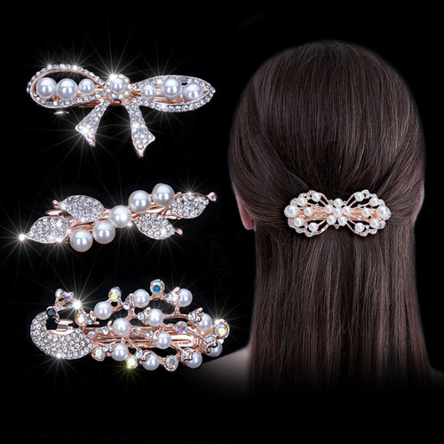 Korean hair accessories rhinestone bow simple hairpin adult pearl horizontal clip ponytail clip top clip spring clip small