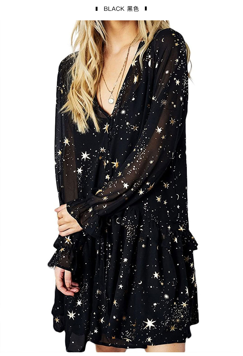 Chiffon Autumn Star Pattern Lantern Long Sleeve V-neck Dress NSSI2444