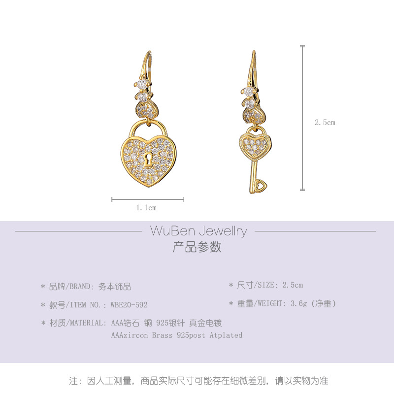Wholesale Jewelry Heart Key Pendant Copper Inlaid Zircon Asymmetrical Earrings Nihaojewelry display picture 6