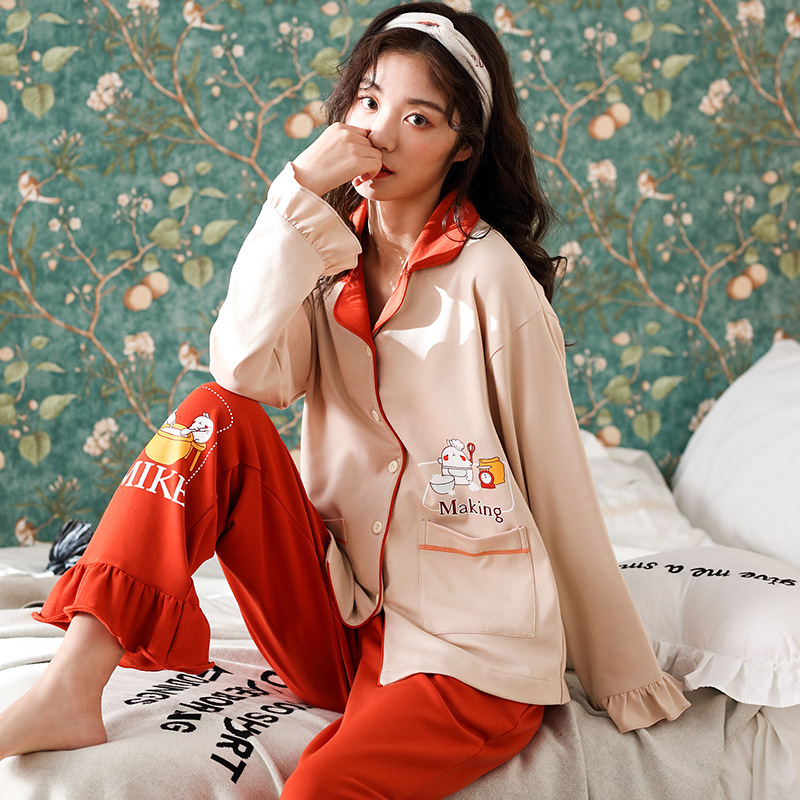 Pijamas de manga larga para mujer primavera nuevo 100% algodón coreano de dibujos animados lindo cardigan primavera y otoño traje de algodón para el hogar