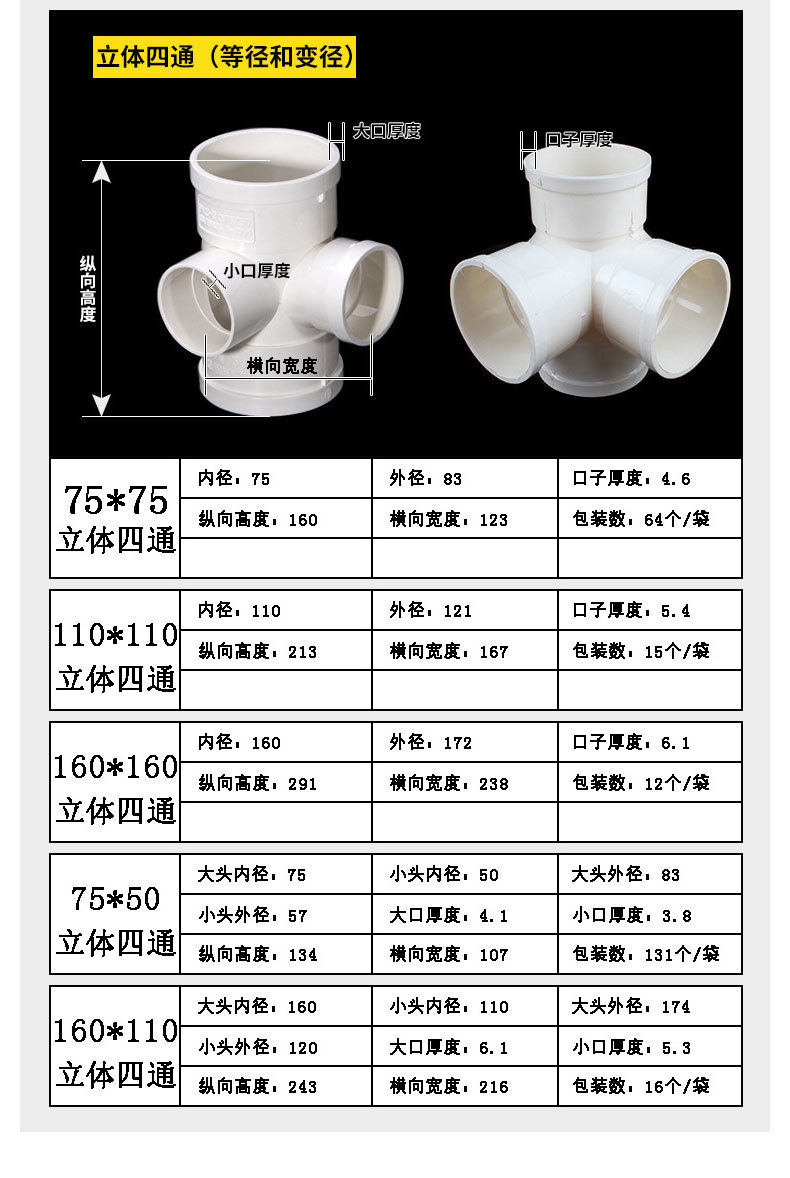 PVC四通 平面四通 斜四通 排水管立体四通 变径50 75 110 160 200-阿里巴巴