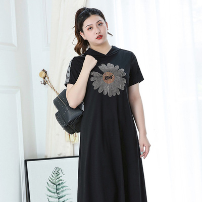 2021 Large Women's wear Spring and summer new pattern Short sleeved Dress fashion Hot stamping Hooded longuette 300 Jin 170 Bust