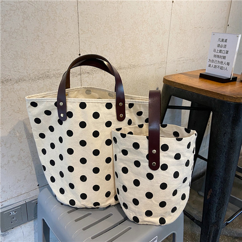 0542 ins French retro polka dot canvas bag lunch box portable bucket bag for women