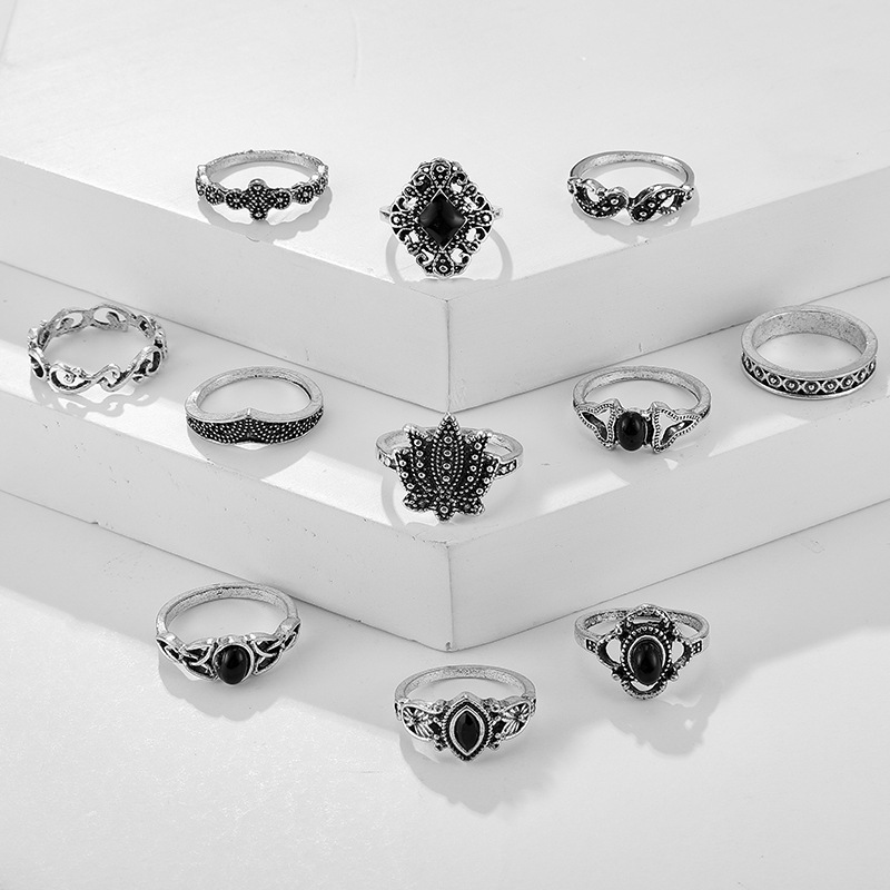 Européen Et Américain De Mode Rétro Noir Gem Drop Diamant Géométrique Creux Lotus Ensemble Anneaux 11-pièces Ensemble Anneau D'articulation display picture 7