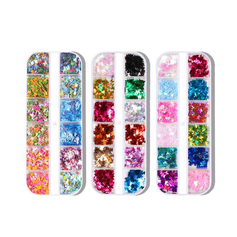 Amazon Venta caliente uñas mariposa lentejuelas 12-rejilla larga caja ultrafina láser uñas lentejuelas de forma especial