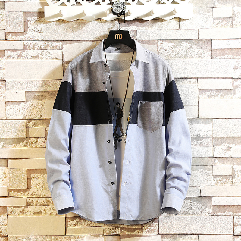 Spring and Summer 2020 new men's slim fit shirt stitching fashion men's casual Oxford long sleeve shirt a generation of hair