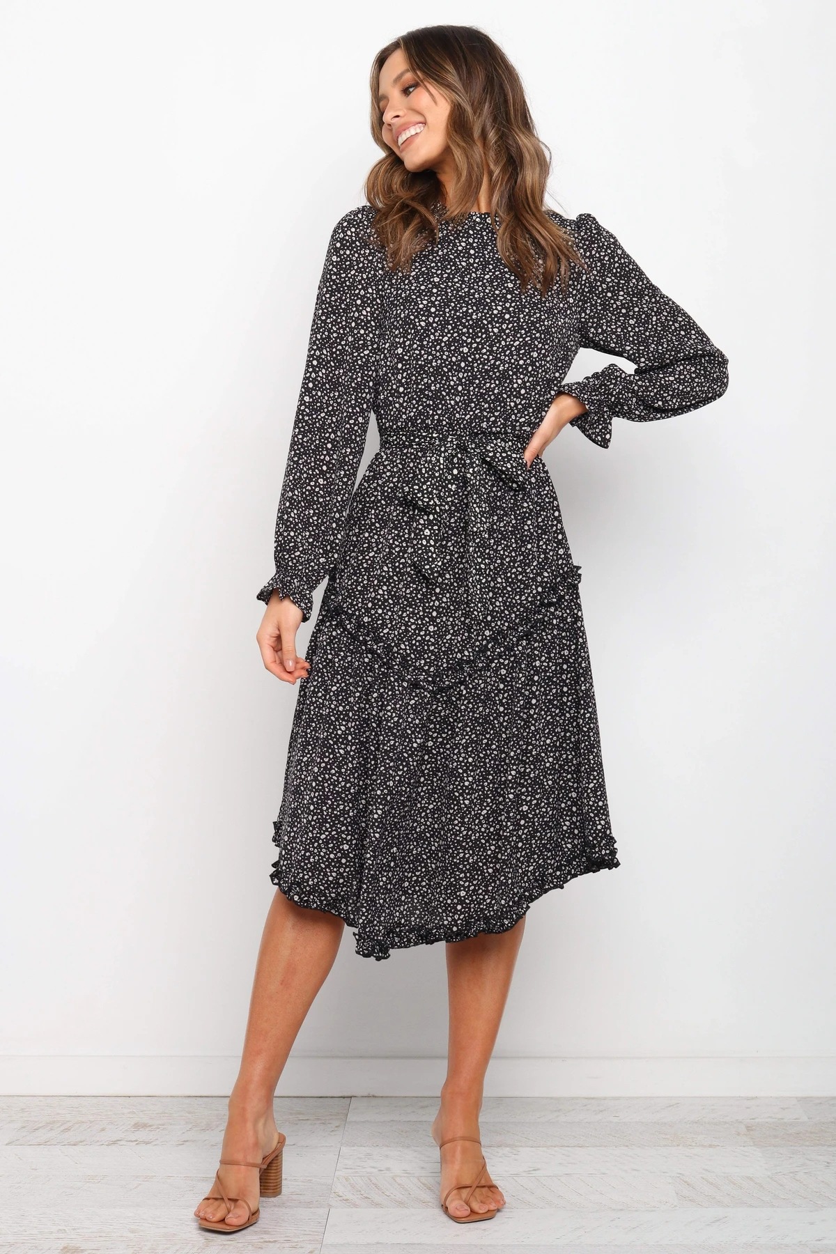  half-high collar long-sleeved waist belt printing mid-length dress NSYD3719