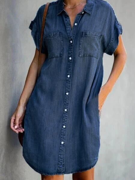 Frau Denim-kleid Lässig Ablehnen Kurzarm Einfarbig Knielang Straße display picture 2