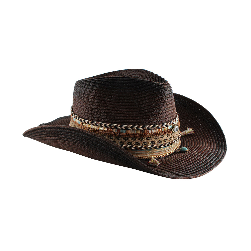 Sombrero de paja de mezclilla occidental curling sombrero de ala grande sombrero de sol de verano de las mujeres sombrero de Sol de paja casual