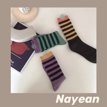 2020秋冬新款韓國拼色條紋堆堆襪日系精梳棉撞色女中筒襪