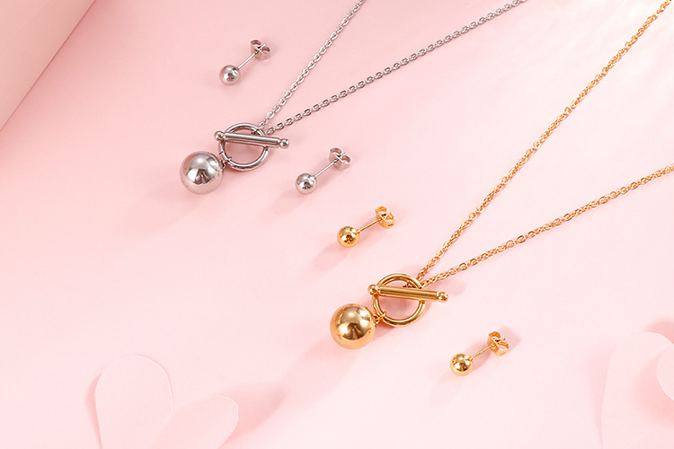 simple fashionable golden ball OT buckle necklace earrings stainless steel set wholesale nihaojewelr