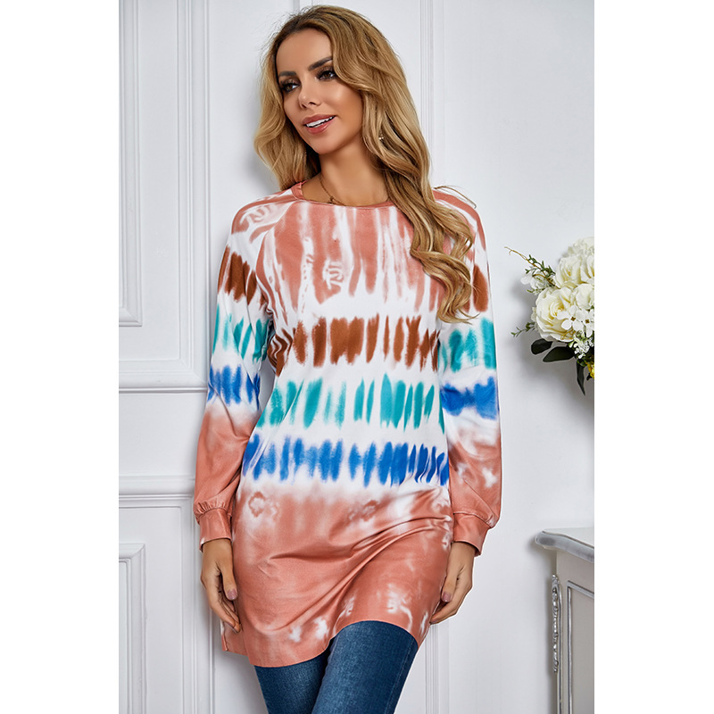 color tie-dye long sleeve loose round neck dress  NSSA26079