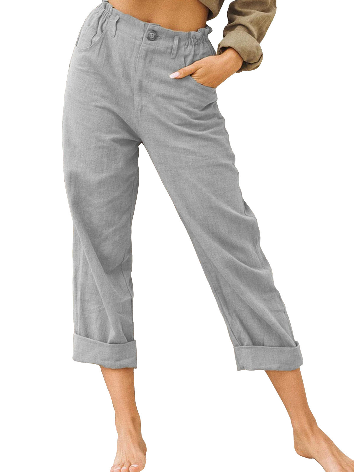 new style solid color cotton and linen fashion loose high waist casual trousers NSHHF62726